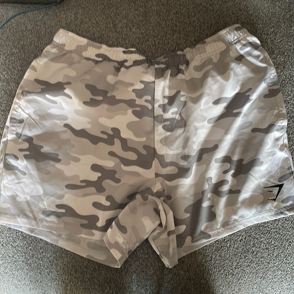 Gymshark | Woven Pocket Shorts, Gray and White Camo, Size Large